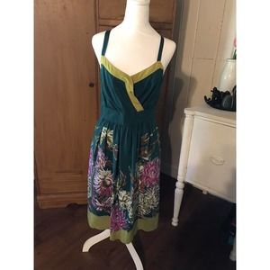 Anthropologie Maeve 100% Silk Impressionist Dream Teal Floral Print Dress Sz 6